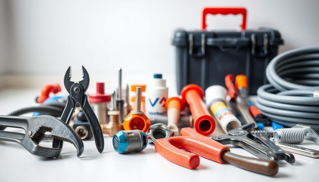 A neatly arranged collection of essential plumbing tools against a clean, well-lit background. In the foreground, a professional-grade basin wrench, a pair of sturdy pliers, and a trusty pipe cutter stand out in vivid detail. The middle ground features a reliable plunger, a versatile plumber's snake, and a selection of various wrenches and sealants. In the background, a toolbox and a stack of PVC pipes suggest a functional, workshop-like setting. The lighting is natural and diffused, creating a sense of order and professionalism, perfectly suited to illustrate the "Essential Plumbing Tools Every Homeowner Should Have" section of the article.