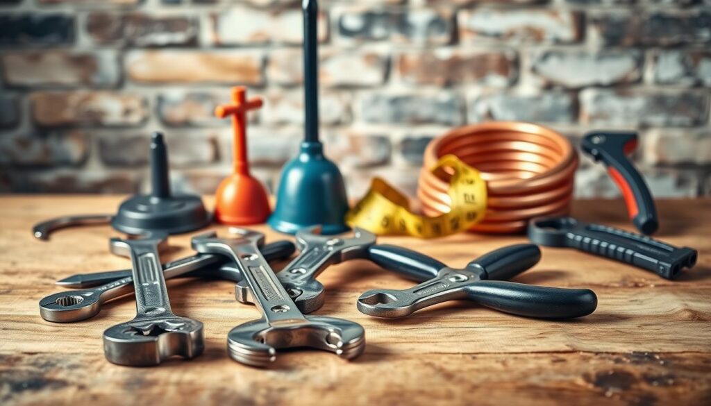A neatly arranged collection of essential plumbing tools for the beginner homeowner. In the foreground, a set of adjustable wrenches, pliers, and a basin wrench lie on a wooden workbench, their metallic surfaces gleaming under soft, directional lighting. In the middle ground, a plunger and a tape measure stand upright, complemented by a coil of copper piping and a hacksaw. The background features a blurred, rustic brick wall, creating a warm, DIY-inspired atmosphere. The overall composition conveys a sense of organization and preparedness, highlighting the basic tools required for tackling common plumbing tasks around the house.