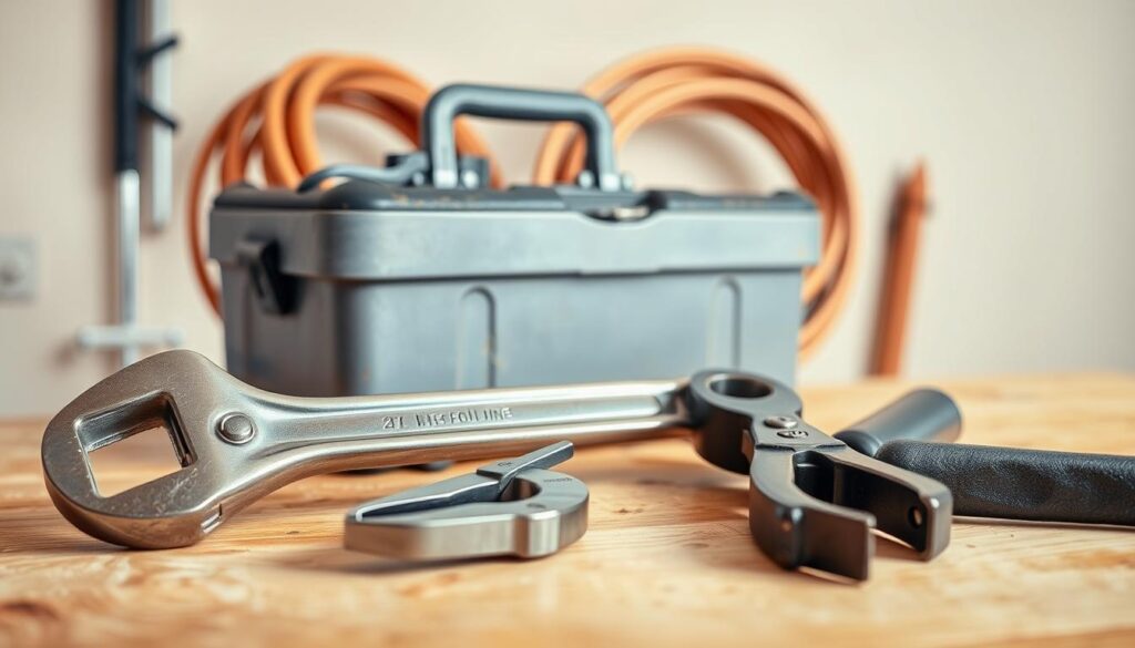 A neatly arranged collection of essential plumbing tools resting on a wooden workbench. In the foreground, a shiny chrome adjustable wrench, a set of pliers, and a trusty pipe cutter stand out against the neutral backdrop. In the middle ground, a well-worn toolbox and a coil of sturdy copper tubing suggest the tools' practical use. The background features a clean, uncluttered space with warm, natural lighting, creating a sense of order and professionalism. The overall composition conveys a sense of the necessary equipment required for basic plumbing repairs, reflecting the subject of the article.