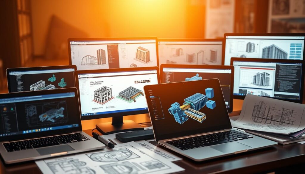 A neatly arranged collection of structural engineering software tools, including 3D modeling programs, finite element analysis software, and structural design suites. The scene is bathed in warm, directional lighting, with a slight depth of field blur creating a focus on the foreground elements. Sleek, modern devices such as laptops and tablets are prominently displayed, surrounded by technical diagrams, architectural plans, and engineering schematics. The overall atmosphere conveys a sense of professionalism, technology, and the essential role these tools play in the work of a structural engineer.