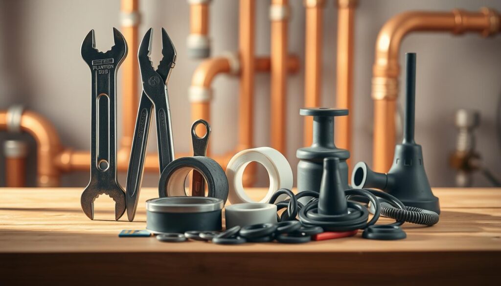 A neatly arranged still life of essential plumbing tools on a wooden surface, illuminated by soft, natural lighting from the side. In the foreground, a set of adjustable wrenches, pliers, and a pipe cutter stand upright, their metallic surfaces gleaming. In the middle ground, a roll of Teflon tape, a basin wrench, and a plunger sit alongside a mess of rubber washers and O-rings. The background features a haze of blurred copper pipes and fittings, creating a sense of depth and context for the scene. The overall composition conveys a sense of order and preparedness, reflecting the practical needs of basic plumbing repairs.