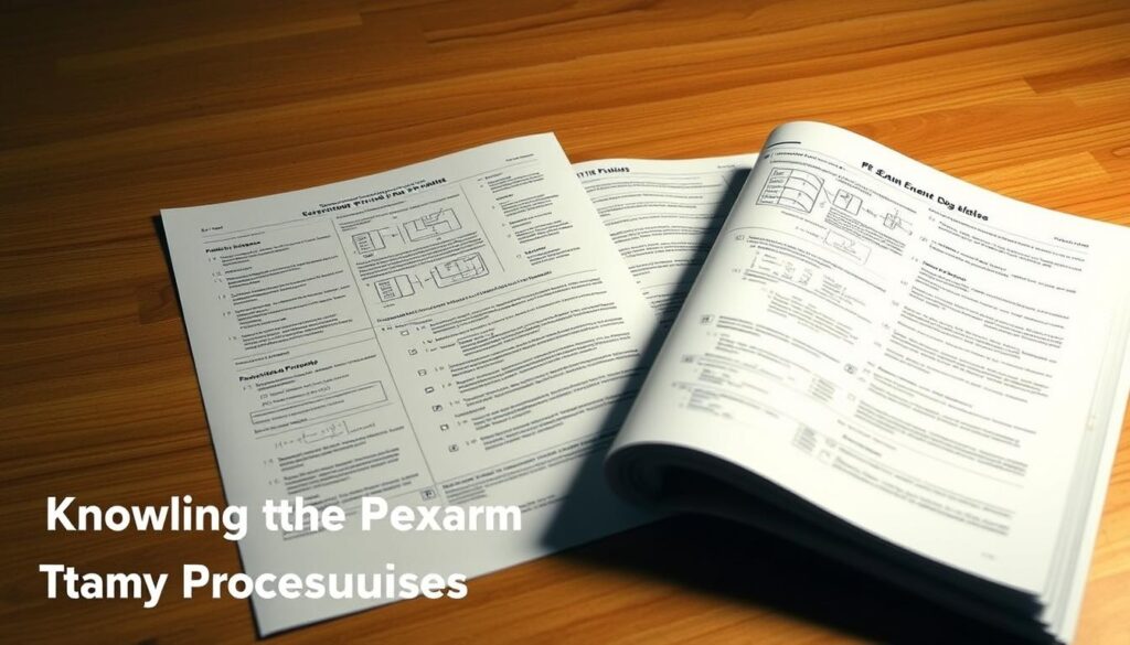 A neatly organized PE exam study guide lying on a wooden desk, with a focused, serious atmosphere. The guide features detailed diagrams, formulas, and practice problems against a clean, minimalist background. Soft, directional lighting illuminates the pages, creating a sense of focus and determination. The guide is positioned at a slight angle, inviting the viewer to engage with the material. The overall mood is one of diligence and preparation, reflecting the "Knowing the Exam Day Procedures" section of the article.