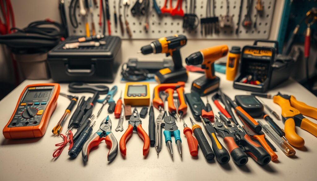 A neatly organized array of essential DIY electrical repair tools arranged on a clean, well-lit workbench. In the foreground, a multimeter, wire strippers, screwdrivers, and pliers in various sizes and styles. In the middle ground, a cordless power drill, a soldering iron, and a voltage tester. In the background, a toolbox and a pegboard with hanging electrical components. The scene is bathed in warm, directional lighting, casting subtle shadows and highlighting the textures and details of the tools. The overall mood is one of capable preparation, inviting the viewer to tackle their next electrical repair project with confidence.