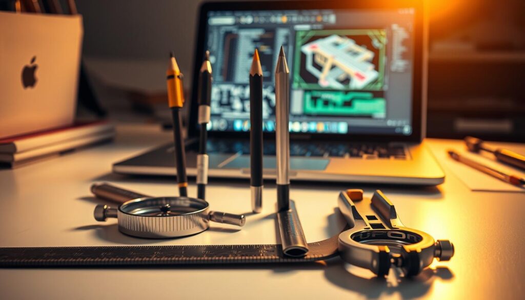 A neatly organized array of precision civil engineering tools on a clean workbench, bathed in warm, directional lighting. Prominent in the foreground are a drafting compass, a ruler, a protractor, and a set of calipers, all gleaming with a metallic sheen. In the middle ground, a trio of technical pens and a drafting pencil stand upright, ready for use. In the background, an AutoCAD software interface is visible on a laptop screen, hinting at the digital counterpart to these analog tools. The overall scene conveys a sense of professionalism, attention to detail, and the harmonious blend of traditional and modern civil engineering practices.