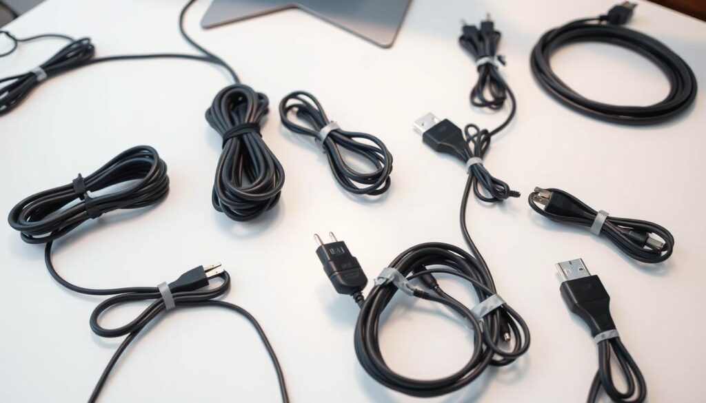 A neatly organized collection of electrical cords and cables, meticulously arranged on a clean, minimalist tabletop. The cords, in various shades of black and gray, are carefully bundled and secured with sleek cable organizers. The lighting is soft and diffused, creating a calming, organized atmosphere. The camera angle is positioned slightly above the tabletop, providing a clear, comprehensive view of the cord management system. The image conveys a sense of control, efficiency, and attention to detail, reflecting the subject of "Managing Electrical Cords and Cables" in the "Electrical Repairs Made Easy" article.