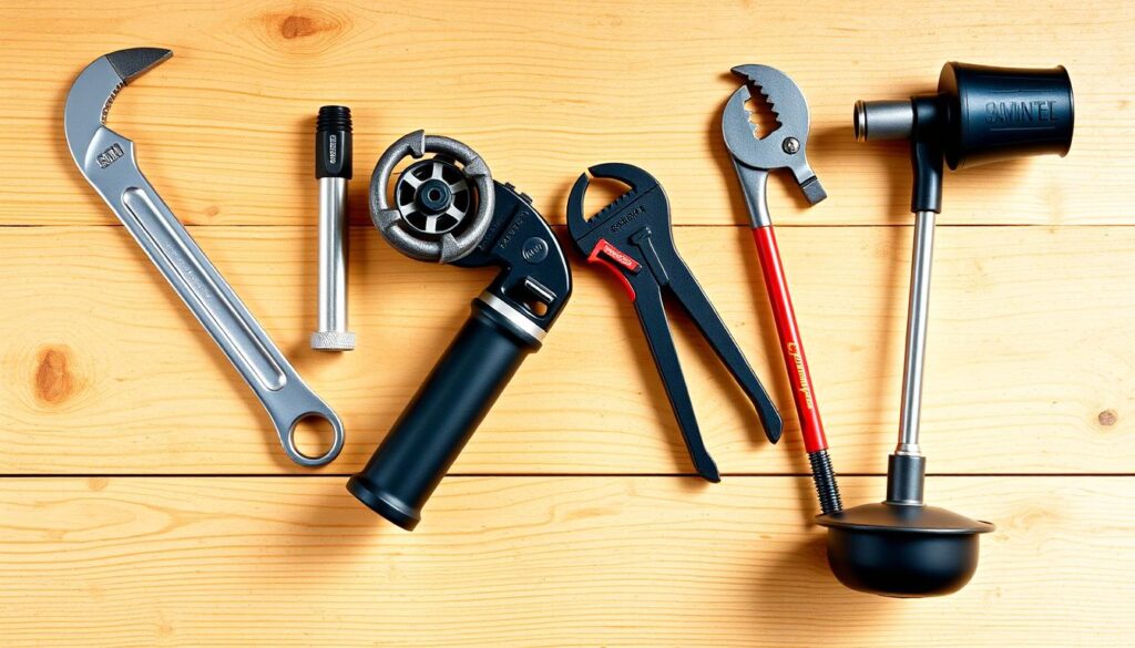 A neatly organized collection of essential DIY plumbing tools, meticulously arranged on a wooden workbench with a neutral background. The tools include a sleek basin wrench, a sturdy pipe cutter, a compact plumber's torch, an adjustable basin spanner, and a versatile plunger, all cast in a warm, natural lighting that highlights their functional designs. The overall composition exudes a sense of practicality and professionalism, perfectly capturing the spirit of "Essential Tools for Plumbing Repairs".