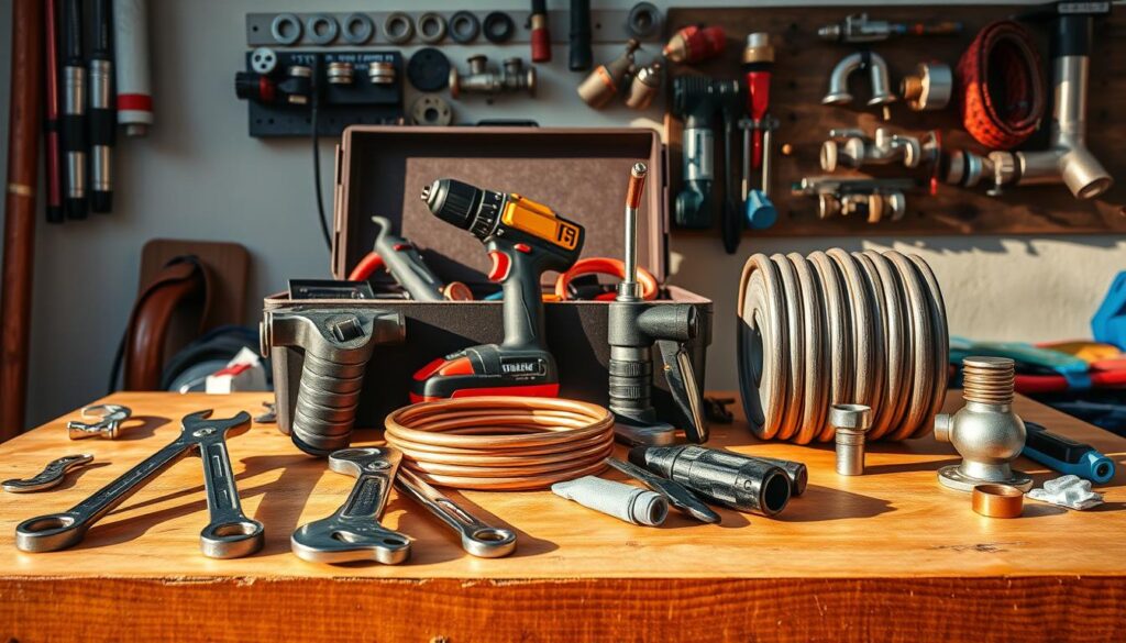 A neatly organized collection of essential DIY plumbing tools sits on a wooden workbench, bathed in warm, natural lighting. In the foreground, a pair of adjustable wrenches, pliers, and a basin wrench rest alongside a coil of copper tubing. In the middle ground, a cordless drill, a soldering torch, and a compact plumber's snake emerge from a toolbox, their metallic surfaces gleaming. In the background, a wall-mounted pipe cutter and a collection of washers, valves, and fittings hint at the array of tasks these tools can tackle. The scene conveys a sense of order, functionality, and the satisfaction of tackling simple plumbing repairs with the right equipment.