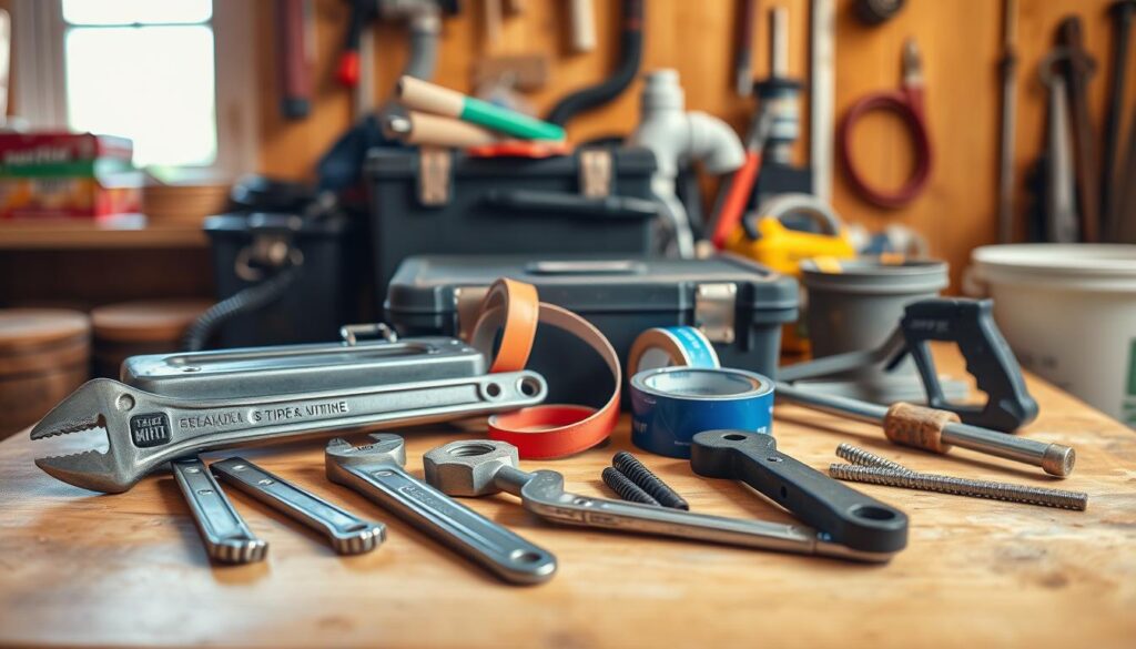 A neatly organized collection of essential plumbing tools on a wooden workbench, illuminated by natural light streaming through a nearby window. In the foreground, a plumber's wrench, a set of pipe cutters, and a basin wrench stand out against the warm-toned background. In the middle ground, a toolbox, a roll of Teflon tape, and a hacksaw create a sense of depth and functionality. The background features a toolbox, a bucket, and other miscellaneous plumbing supplies, conveying a sense of a well-equipped workshop ready to tackle any beginner-level plumbing task.