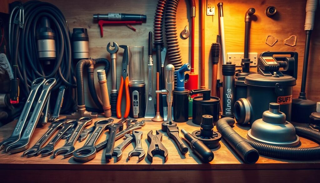 A neatly organized collection of essential plumbing tools rests on a wooden workbench, bathed in warm, directional lighting. In the foreground, a set of adjustable wrenches, pliers, and a basin wrench stand ready for minor fixture repairs. The middle ground features a selection of pipe cutters, a basin spanner, and a tubing cutter, while the background showcases a variety of drain snakes, a plunger, and a small shop vacuum for clearing blockages. The overall mood is one of preparedness and functionality, conveying the tools a homeowner would need to tackle basic plumbing maintenance and fixes around the house.