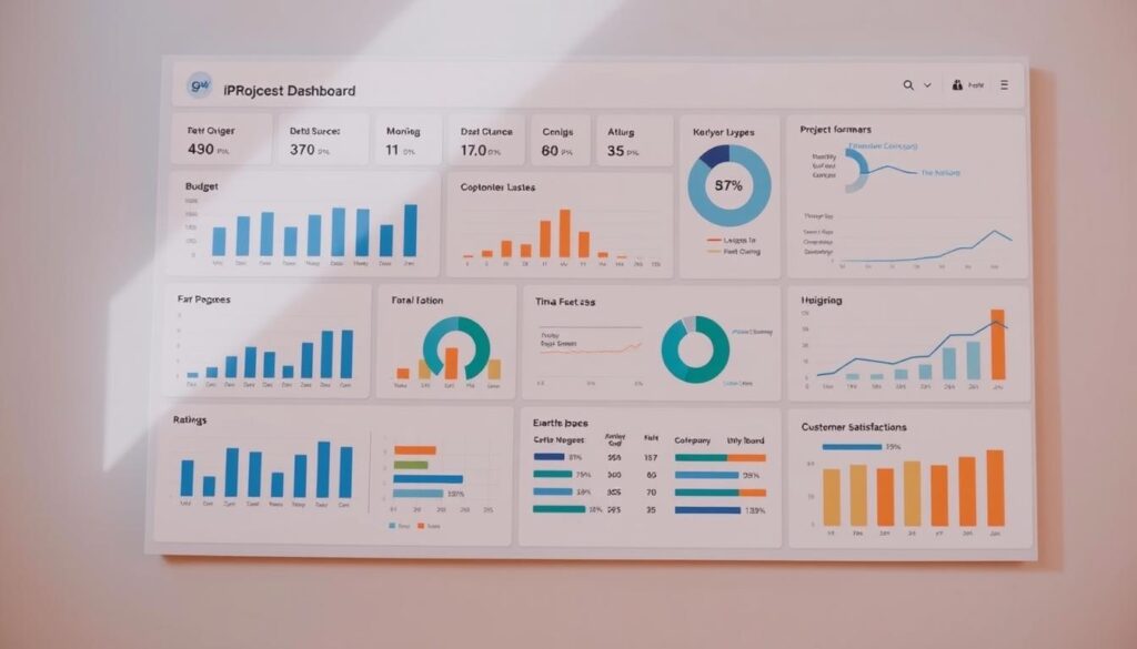 A neatly organized dashboard displaying a variety of project success metrics, including Key Performance Indicators (KPIs), budget performance, timeline progress, and customer satisfaction ratings. The metrics are presented in a clean, minimalist style with clear data visualizations such as bar graphs, pie charts, and progress bars. The overall layout and design convey a sense of professionalism, efficiency, and attention to detail. The image is lit with a soft, natural lighting, captured at a slightly elevated angle to create a sense of depth and hierarchy. The background is a neutral, muted color that allows the metrics to take center stage, emphasizing their importance in measuring project success.