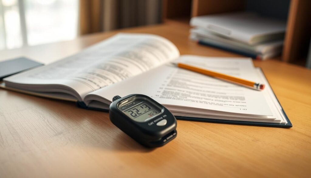 A neatly organized desk with an open civil engineering exam workbook, a sharpened pencil, and a handheld digital timer. The lighting is warm and focused, illuminating the study materials. The background is blurred, creating a sense of concentration and focus. The scene conveys a serene, contemplative atmosphere, reflecting the importance of time management during the crucial civil engineering licensing exam.