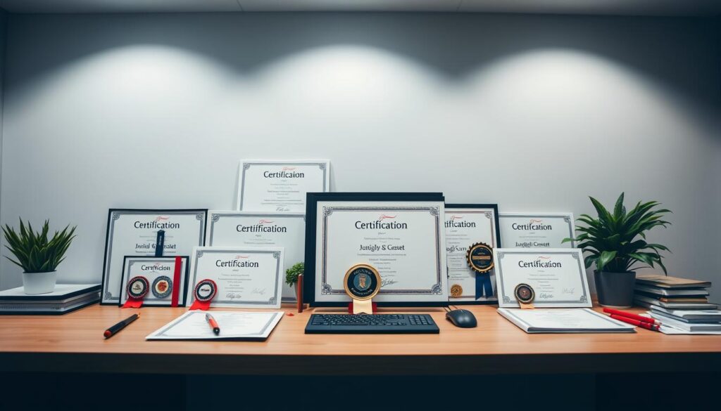 A neatly organized desk with various project management certification diplomas and badges displayed prominently. The certifications are arranged in a visually appealing manner, with a clean, professional aesthetic. Soft, directional lighting illuminates the documents, highlighting their importance. The background is a subtle, minimalist office setting, allowing the certifications to be the central focus. The overall atmosphere conveys a sense of accomplishment, expertise, and a commitment to continuous learning and development in the project management field.