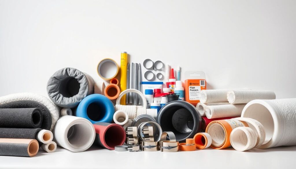 A neatly organized display of various pipe insulation materials, showcased in a well-lit studio setting. In the foreground, a selection of foam, fiberglass, and rubber insulation tubes in different diameters and colors, arranged in an aesthetically pleasing manner. The middle ground features a selection of insulation accessories, such as clamps, tape, and sealants, presented with attention to detail. The background is a clean, minimalist backdrop, allowing the insulation products to take center stage. The lighting is soft and diffused, highlighting the textures and properties of the materials. The overall composition conveys a sense of professionalism and practicality, suitable for a DIY plumbing repair guide.