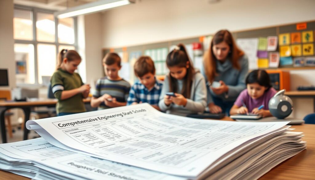 A neatly organized educational blueprint, showcasing comprehensive engineering standards for schools. In the foreground, a stack of documents outlines various curriculum guidelines, meticulously detailed. In the middle ground, a group of students, diverse in age and background, engage in hands-on engineering activities, guided by an attentive teacher. The background features a modern classroom, filled with advanced technological equipment and inspiring wall displays. Warm, natural lighting filters through large windows, creating a welcoming and inspiring atmosphere. The overall scene conveys a sense of collaborative learning, where students are empowered to explore the principles of engineering in a supportive, standards-driven environment.