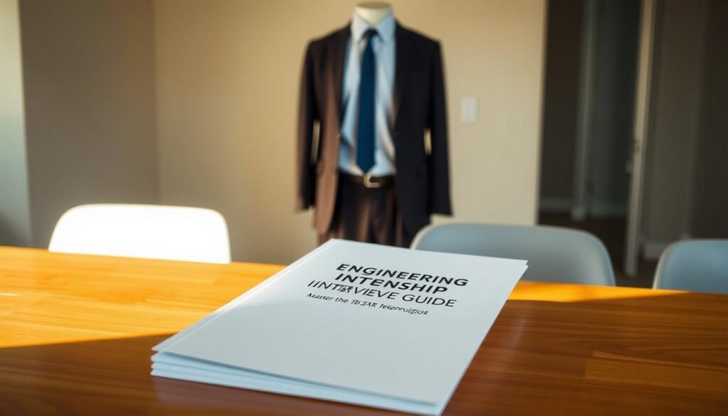A neatly organized engineering internship interview guide placed on a polished wooden desk, illuminated by warm, directional lighting. In the foreground, the guide features a clean, minimalist design with a simple, elegant title. The middle ground showcases a professional, business-casual outfit - a collared shirt, tie, and slacks - symbolizing the attire expected for the interview. In the background, a neutral, blurred office environment sets the tone, conveying a sense of professionalism and focus. The overall atmosphere evokes a sense of preparedness, confidence, and attention to detail, reflecting the "Master the STAR Technique" section of the article.