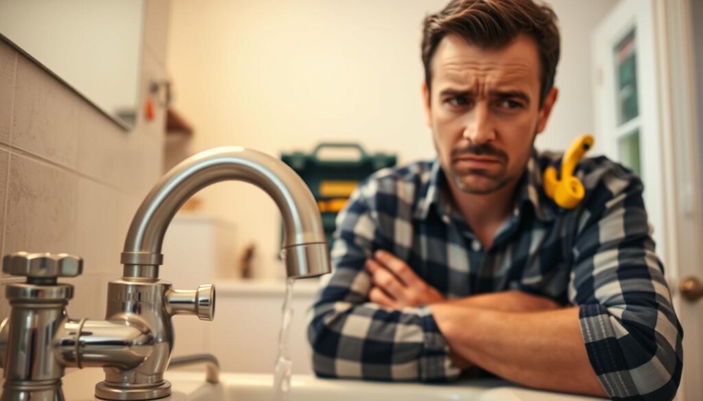 A neatly organized home interior, with a leaky faucet in the foreground drawing attention. In the middle ground, a puzzled homeowner contemplating the issue, brow furrowed. The background features a well-stocked toolbox, hinting at DIY attempts, but also a telephone, suggesting the need to call in a professional plumber. Soft, warm lighting casts a cozy atmosphere, yet the slightly concerned expression on the homeowner's face conveys the moment of decision - when to tackle the problem themselves, and when to seek expert assistance. The scene captures the pivotal point where self-reliance meets the limits of one's plumbing knowledge.