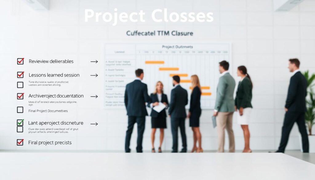 A neatly organized project closure process depicted in a clean, minimalist style. In the foreground, a series of checkboxes and task lists highlighting key steps like reviewing deliverables, conducting a lessons learned session, and archiving project documentation. In the middle ground, a Gantt chart displaying the project timeline and a group of people in business attire discussing final project outcomes. The background features a clean, white workspace with subtle grid lines, conveying a sense of methodical organization and efficiency. The overall mood is one of professionalism, attention to detail, and a successful project conclusion.