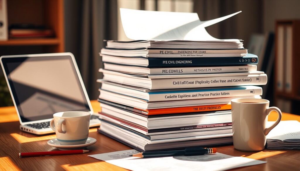 A neatly organized stack of PE civil engineering study materials, including textbooks, reference guides, and practice exam papers, sits on a wooden desk under warm, natural lighting. The materials are carefully arranged, reflecting a structured and methodical approach to preparation. A laptop, a cup of coffee, and a few sharp pencils complete the scene, creating an atmosphere of focused, dedicated study. The lighting casts subtle shadows, adding depth and dimensionality to the composition. The overall impression conveys a sense of diligence, efficiency, and a commitment to mastering the material in pursuit of success on the PE civil exam.