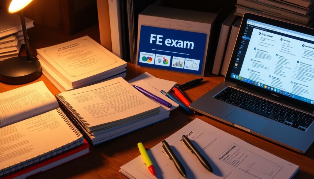 A neatly organized study space with an array of FE exam preparation materials, including textbooks, spiral-bound notebooks, pens, highlighters, and a laptop displaying digital study guides. The scene is bathed in warm, focused lighting, creating a productive and contemplative atmosphere. The materials are arranged in a visually appealing manner, suggesting a methodical and well-planned approach to studying. The overall composition conveys a sense of diligence, concentration, and the dedicated effort required to master the FE exam content.