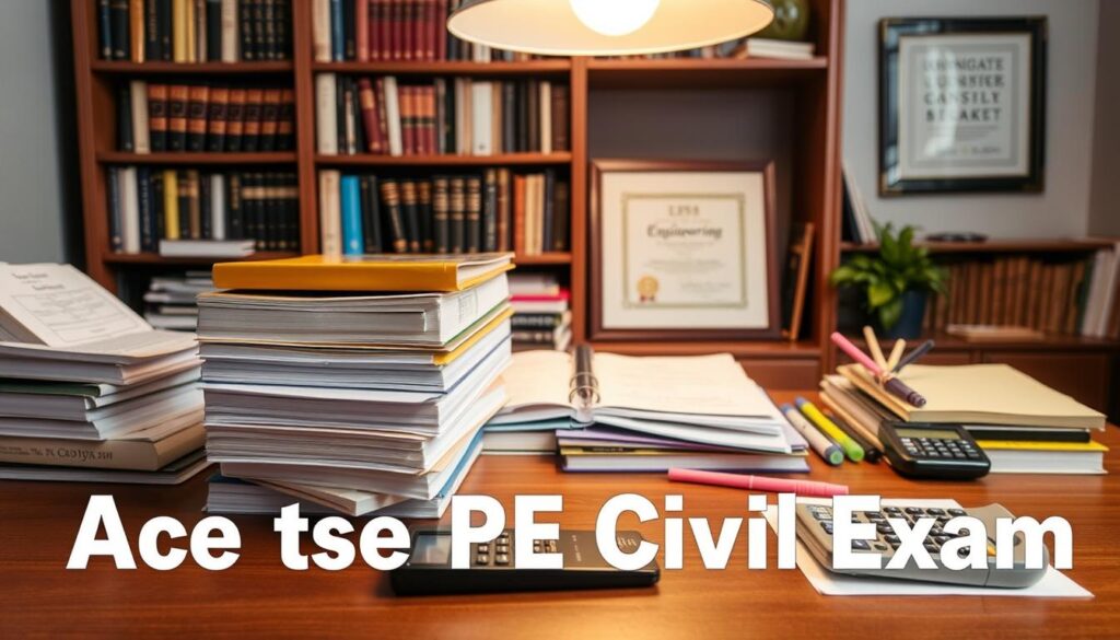 A neatly organized study space with an array of PE exam preparation materials. On a wooden desk, a stack of textbooks, spiral-bound notes, highlighters, and a calculator sit under a warm, focused light. In the background, a bookshelf filled with engineering references and a framed certificate signify the seriousness of the task at hand. The overall atmosphere exudes determination and discipline, hinting at the focused effort required to ace the PE Civil Exam.