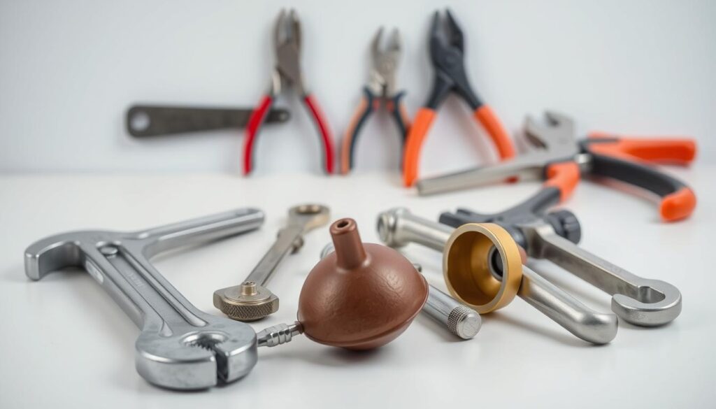A neatly organized table showcasing an assortment of essential plumbing tools against a clean, well-lit background. In the foreground, a pipe wrench, plunger, basin wrench, and tubing cutter are carefully arranged, their metal surfaces gleaming. In the middle ground, a set of pliers, a hacksaw, and a basin nut wrench provide additional functionality. The background features a subtle gradient, allowing the tools to stand out prominently. The composition conveys a sense of professionalism and accessibility, guiding the viewer through the fundamental equipment needed for successful DIY plumbing projects.