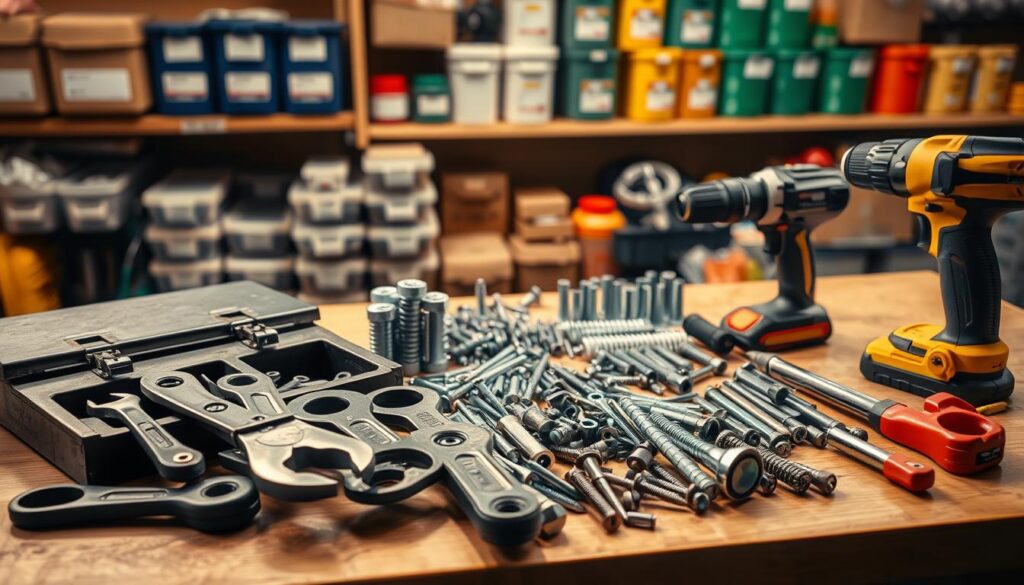 A neatly organized workbench illuminated by warm, directional lighting. In the foreground, a set of well-worn, high-quality tools - a toolbox, pliers, wrenches, a hammer, and a cordless drill. In the middle ground, a selection of screws, nuts, and bolts in various sizes, arranged in an orderly fashion. The background features shelves stocked with labeled containers, hinting at a wider array of maintenance supplies. The overall scene conveys a sense of professionalism, practicality, and attention to detail - the essential tools and materials for a site engineer to efficiently tackle any maintenance task.