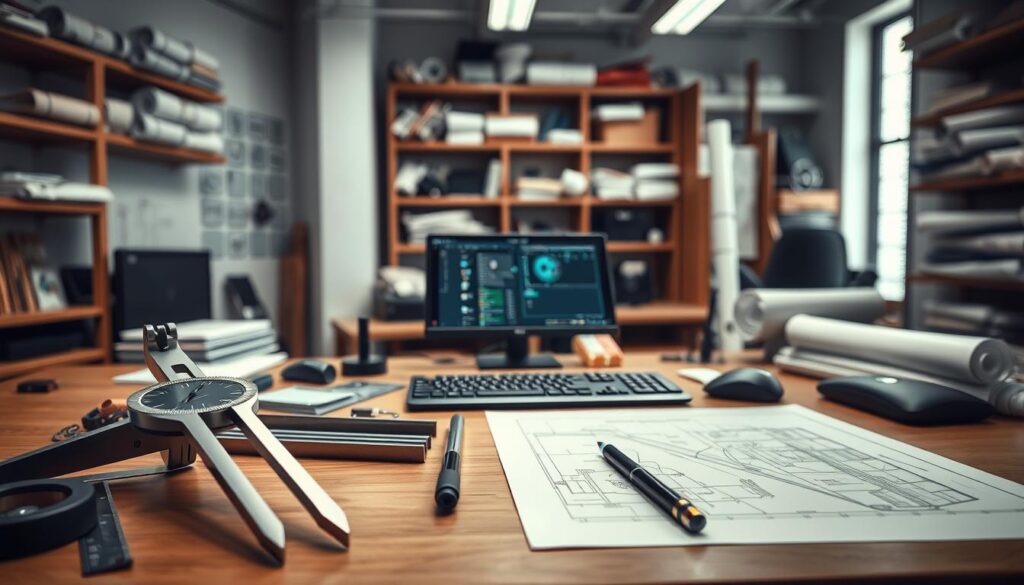 A neatly organized workbench in a well-lit engineering studio, showcasing a variety of professional AutoCAD drafting tools. In the foreground, a set of precision drafting compasses, protractors, and rulers are meticulously arranged. In the middle ground, a sleek, high-resolution graphics tablet and stylus sit alongside a keyboard and mouse, ready for intricate CAD work. In the background, the walls are lined with shelves holding technical reference books, rolled blueprints, and other engineering paraphernalia, creating a sense of a dedicated workspace for computer-aided design. The overall atmosphere is one of focused productivity and attention to detail, perfectly capturing the essence of the core features of AutoCAD.