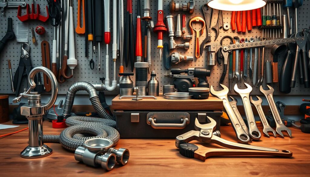 A neatly organized workbench showcases an assortment of essential DIY plumbing tools. In the foreground, a shiny chrome basin wrench, sturdy plumber's snake, and a set of adjustable wrenches stand ready. In the middle ground, a gleaming pipe cutter, soldering torch, and a collection of fittings and connectors sit atop a well-worn toolbox. The background features a pegboard displaying an array of plungers, pliers, and other essential accessories, bathed in the warm glow of a workbench lamp. The overall scene conveys a sense of preparedness and professionalism, perfectly suited to guide a DIY plumber through their home repairs.
