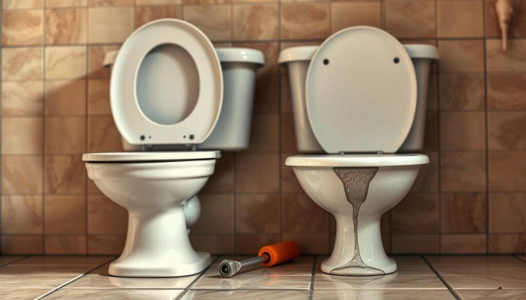 A pair of vintage ceramic toilets, one in mid-flush and the other leaking water steadily, set against a tiled bathroom backdrop with warm, diffused lighting. The foreground shows the intricate mechanical details of the flushing mechanism and the slow drip from the base of the second toilet, conveying the technical nature of the plumbing issue. The middle ground features a few basic plumbing tools, hinting at the steps required to resolve the problem. The background showcases the muted, earthy tones of the bathroom tiles, creating a calm, relatable atmosphere for a common household repair.