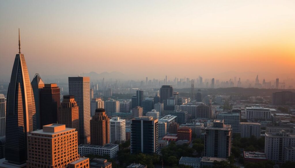 A panoramic cityscape at dusk, illuminated by the soft glow of the setting sun. In the foreground, a collection of architectural models showcasing diverse global building standards - sleek skyscrapers, traditional stone structures, and energy-efficient modern designs. The middle ground features a bustling metropolis, with a mix of high-rise buildings, residential complexes, and commercial hubs, all adhering to strict safety and sustainability guidelines. In the background, a hazy mountain range provides a serene, natural backdrop, emphasizing the integration of the built environment with the surrounding landscape. The scene is captured with a wide-angle lens, conveying a sense of scale and interconnectedness, while the subtle lighting and atmospheric haze create a contemplative, thoughtful mood.
