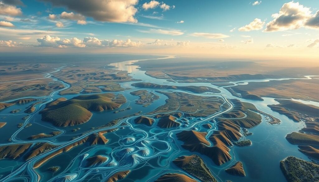A panoramic landscape of a hydrologic modeling simulation, featuring a vast river basin with intricate networks of waterways, tributaries, and reservoirs. The terrain is rendered in realistic detail, with rolling hills, lush vegetation, and a dramatic sky overhead. In the foreground, a complex 3D visualization of water flow patterns, simulated using advanced computational fluid dynamics, casts a mesmerizing glow under the warm, directional lighting. In the middle ground, a team of scientists and engineers pore over a series of high-resolution data visualizations, analyzing the impacts of climate change on the regional hydrology. The scene conveys a sense of scientific inquiry, technological prowess, and the profound challenges of understanding and managing water resources in a changing climate.