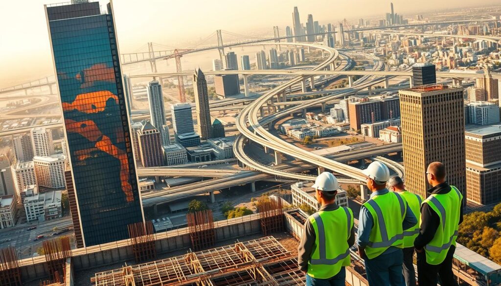 A panoramic view of a bustling California cityscape, with towering skyscrapers and modern infrastructure. In the foreground, a group of civil engineers in hard hats and high-visibility vests inspect the foundation of a new high-rise building, their faces focused and determined. In the middle ground, a network of intricate bridges and highways spans across the urban landscape, showcasing the complex engineering feats that enable the region's prosperity. The background is bathed in warm, golden sunlight, evoking a sense of prosperity and progress. The scene is captured with a wide-angle lens, emphasizing the scale and grandeur of the civil engineering projects that shape the thriving economy of California.