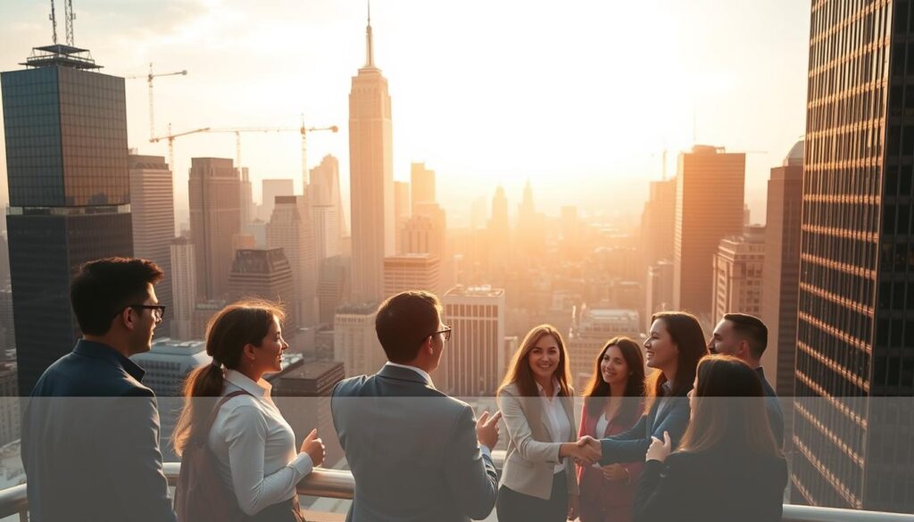 A panoramic view of a bustling city skyline, with towering skyscrapers and cranes dotting the horizon. In the foreground, a group of enthusiastic young professionals, dressed in business attire, engaged in animated discussions and handshakes, conveying the energy and excitement of civil engineering internship opportunities. The scene is bathed in warm, golden light, creating a sense of optimism and opportunity. The camera angle is slightly elevated, providing a bird's-eye perspective that emphasizes the scale and dynamism of the urban landscape. The image captures the essence of leading companies offering cutting-edge civil engineering internships in the heart of New York City.