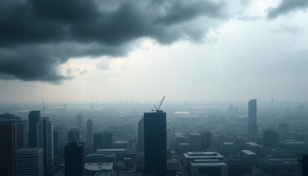A panoramic view of a cityscape, with skyscrapers and industrial buildings in the foreground, shrouded in a hazy, ominous atmosphere. In the middle ground, various disaster mitigation structures can be seen, such as flood barriers, emergency shelters, and evacuation routes. The background is dominated by a stormy sky, with dark clouds and bolts of lightning, conveying a sense of impending disaster. The lighting is dramatic, with deep shadows and highlights, creating a sense of tension and urgency. The overall mood is one of cautious preparedness, with the city's infrastructure and emergency systems poised to respond to any potential crisis.