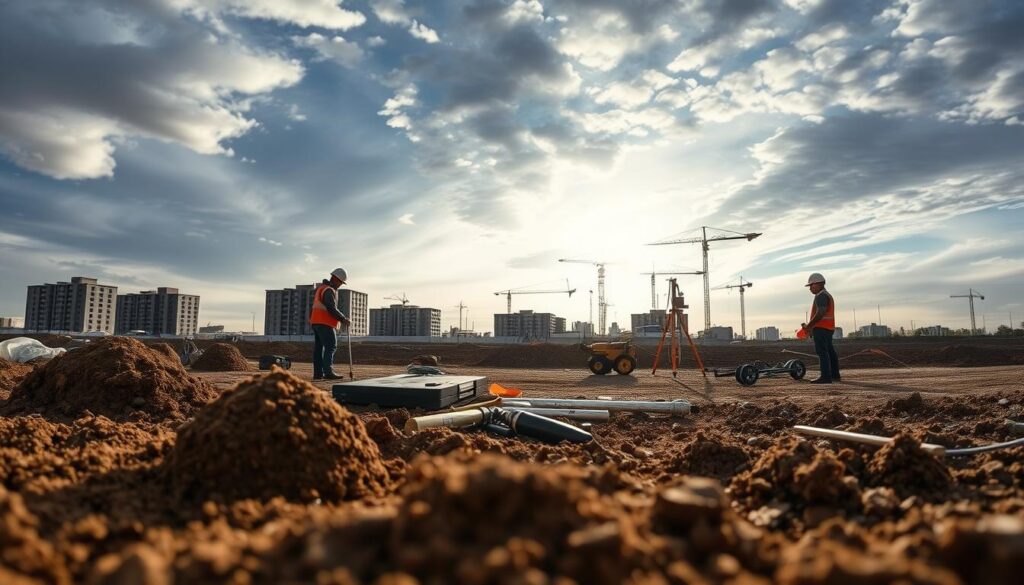 A panoramic view of a construction site, with a team of geotechnical engineers conducting a site investigation. In the foreground, a close-up of a soil sample being analyzed, the texture and color visible under natural lighting. In the middle ground, various testing equipment and tools are arranged neatly, including a penetrometer, a hand auger, and a portable drilling rig. In the background, the silhouettes of buildings and cranes set against a dramatic sky, hinting at the scale and complexity of the overall project. The scene conveys a sense of methodical, precise data gathering, with the cost factors of the investigation subtly implied through the specialized equipment and the diligent attention to detail.