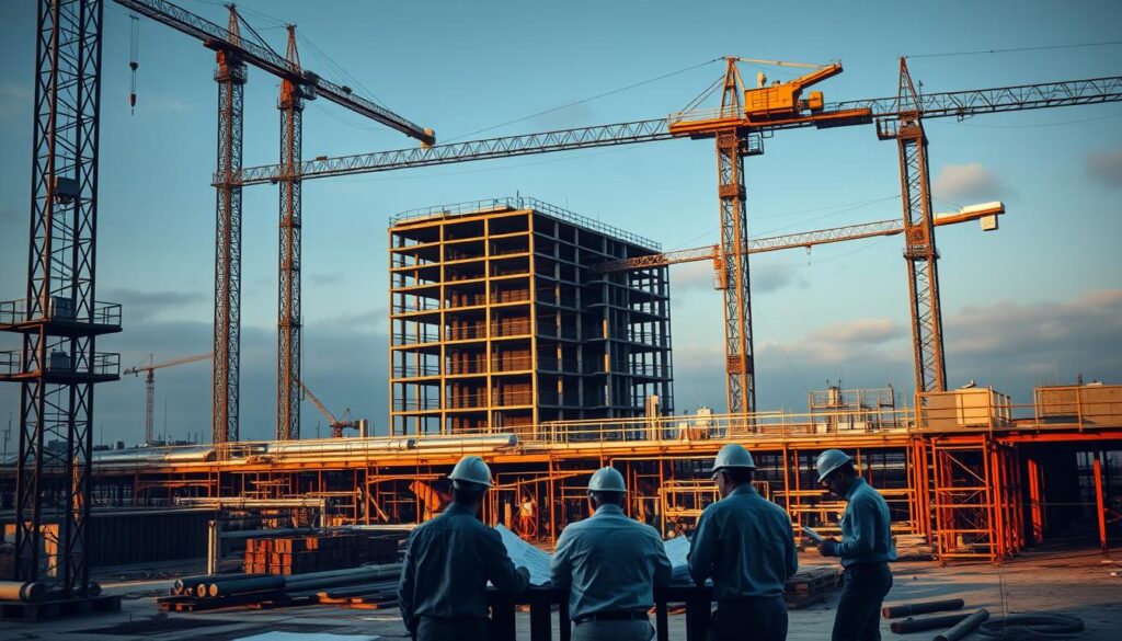 A panoramic view of a construction site, with towering cranes and scaffolding casting long shadows. In the foreground, a team of engineers and project managers huddle around a table, poring over blueprints and risk assessment documents. The middle ground showcases the complex web of infrastructure - pipes, wires, and support structures - against a backdrop of a partially completed building. Warm, directional lighting illuminates the scene, highlighting the sense of collaboration and problem-solving. The atmosphere conveys a balance of urgency and control, as the team navigates the challenges of risk management in this high-stakes infrastructure project.