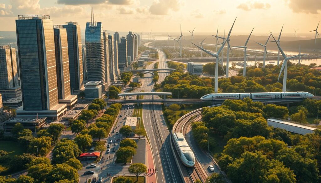 A panoramic view of a futuristic sustainable city, with gleaming skyscrapers powered by solar panels and wind turbines, surrounded by lush greenery and water canals. In the foreground, electric vehicles and pedestrians coexist harmoniously on wide, tree-lined streets. The middle ground features public transportation hubs, with sleek electric trains and monorails gliding across the landscape. In the background, towering wind farms and hydroelectric dams dot the horizon, providing clean, renewable energy to power the entire metropolis. The scene is bathed in warm, golden light, conveying a sense of progress, efficiency, and environmental stewardship.