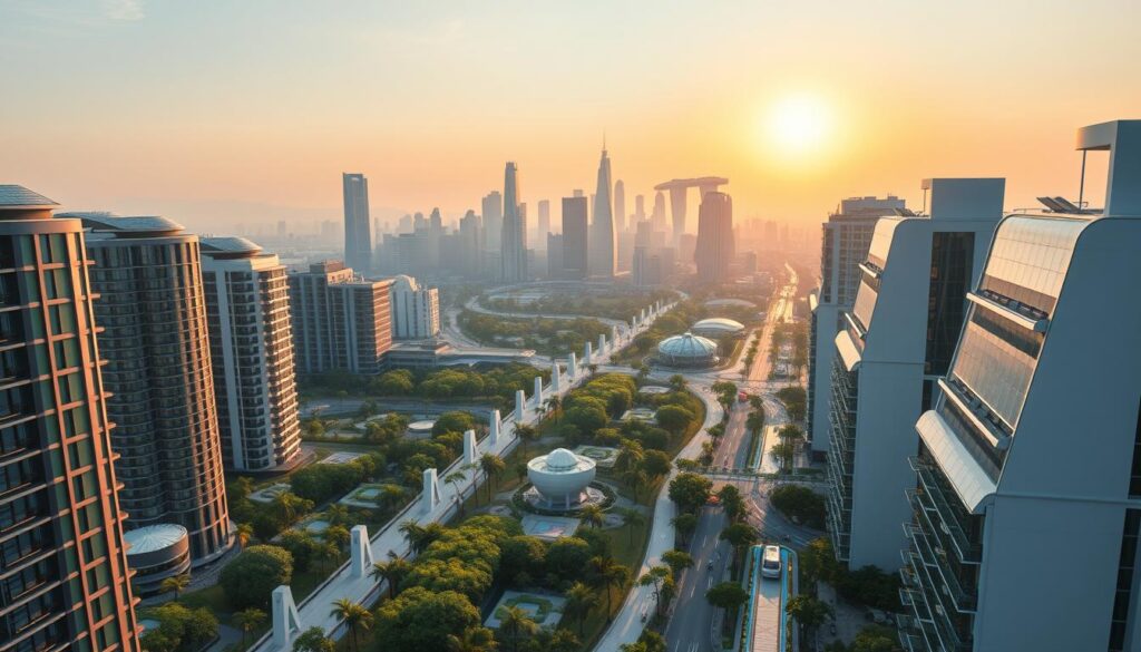 A panoramic view of a futuristic urban landscape, showcasing the integration of energy-efficient design principles. In the foreground, sleek high-rise buildings with solar panels adorning their rooftops, capturing the sun's energy. In the middle ground, a network of pedestrian-friendly walkways and bike lanes, surrounded by lush greenery and public parks. In the background, a skyline of towering skyscrapers, their facades reflecting the warm glow of the setting sun, illuminating the city's commitment to sustainable development. The scene is bathed in a soft, golden light, creating an atmosphere of calm and harmony, with a subtle haze in the distance, suggesting the city's efforts to reduce carbon emissions. The overall composition conveys a sense of balance, where technology and nature coexist in a seamless, energy-efficient urban design.