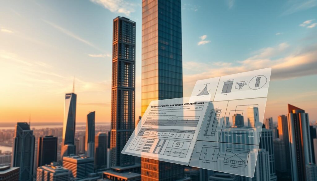 A panoramic view of a modern city skyline at dusk, with a focal point on a tall, state-of-the-art skyscraper in the center. The building's façade features intricate reinforced concrete structures and seismic damping systems, visible through the glass curtain walls. In the foreground, a set of engineering schematics and technical diagrams hover in mid-air, displaying detailed seismic design criteria and load-bearing calculations. The background is bathed in a warm, golden glow, conveying a sense of resilience and innovation in the face of natural disasters. The scene is rendered with a photorealistic style, capturing the intersection of cutting-edge architecture and advanced seismic engineering.