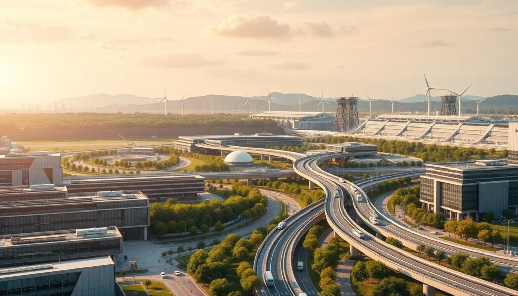 A panoramic view of a thriving sustainable infrastructure project. In the foreground, a network of modern, energy-efficient buildings with sleek, glass facades and rooftop solar panels. In the middle ground, a bustling public transportation hub with electric buses and trains, surrounded by lush green spaces and pedestrian walkways. In the background, a skyline of wind turbines and hydroelectric dams, harnessing renewable energy sources. The scene is bathed in warm, golden lighting, creating a sense of harmony and progress. The overall atmosphere conveys a vision of a sustainable, technologically-advanced, and environmentally-conscious future.