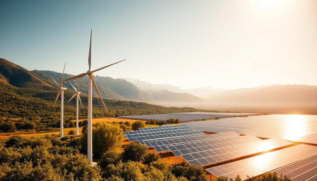 A panoramic view of a vibrant, verdant landscape bathed in warm, golden sunlight. In the foreground, sleek, modern wind turbines gracefully spin, their blades slicing through the air with precision. In the middle ground, rows of glistening solar panels stretch out, harnessing the sun's boundless energy. Beyond, towering mountains rise up, their peaks capped with pristine snow. The scene exudes a sense of harmony, where nature and technology coexist in perfect balance, showcasing the boundless potential of renewable energy to power a sustainable future.