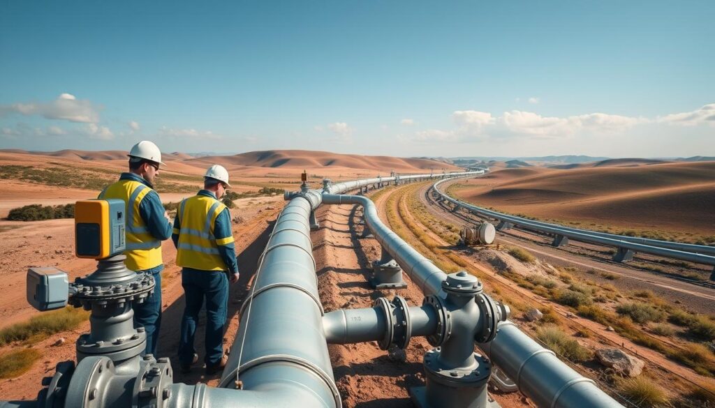 A panoramic view of a well-maintained pipeline network, winding through a serene landscape. In the foreground, a team of engineers inspects the infrastructure, utilizing state-of-the-art monitoring equipment and protective gear. The midground features a series of sturdy valves, flanges, and support structures, all gleaming under the warm, diffused lighting. In the background, rolling hills and a cloudless sky create a sense of tranquility and safety, symbolizing the importance of proactive risk management in pipeline engineering. The scene conveys a harmonious balance between technological progress and environmental stewardship, reflecting the core principles of pipeline safety.