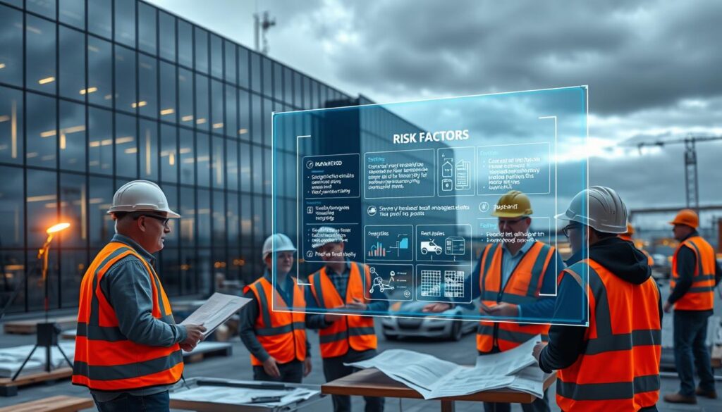 A panoramic view of an engineering worksite, with workers in hard hats and high-visibility vests meticulously analyzing blueprints and risk assessment documents under the warm glow of task lamps. In the background, a sleek, modern office building with floor-to-ceiling windows reflecting the cloudy sky. In the foreground, a holographic display projects risk factors and mitigation strategies, surrounded by engineers engaged in lively discussion. The scene conveys a sense of diligent collaboration, with attention to detail and a focus on proactive risk management to ensure the success of the engineering project.