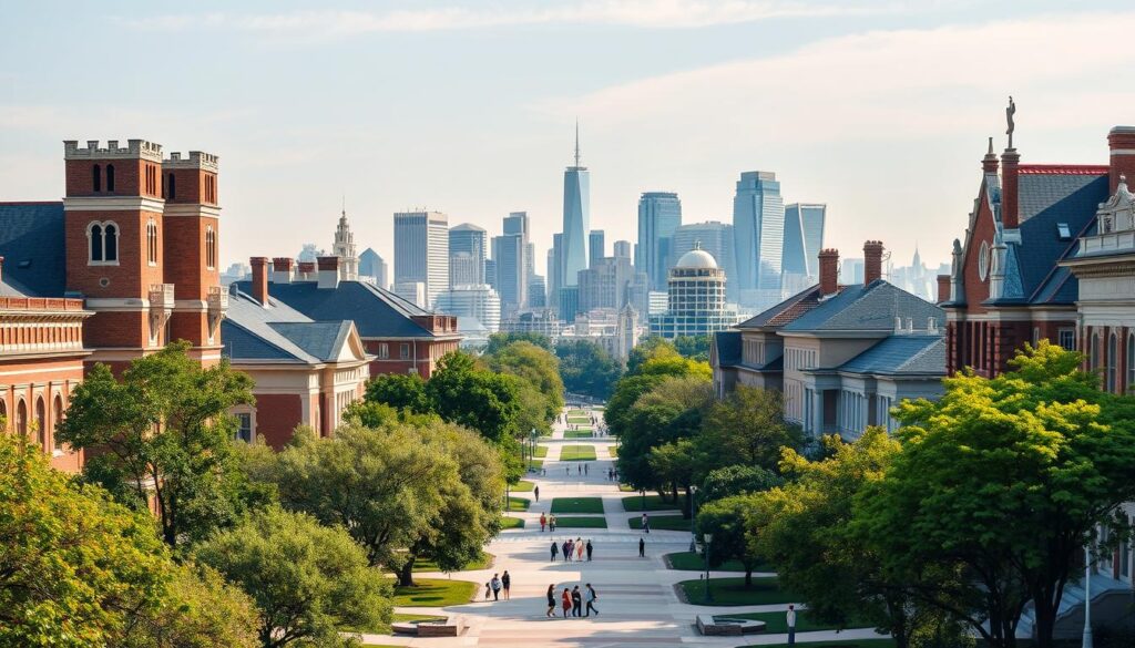 A panoramic view of several iconic American university campuses, each with distinct architectural styles and lush greenery. In the foreground, the imposing facades of prestigious engineering schools, their stately towers and columns exuding an air of intellectual rigor. In the middle ground, students strolling along tree-lined walkways, engaged in lively discussions. In the background, a skyline of modern skyscrapers, symbolizing the integration of academia and industry. The scene is bathed in warm, golden light, creating a sense of prestige and opportunity. The overall composition conveys the excellence, tradition, and vibrant student life that define the top engineering universities in the USA.