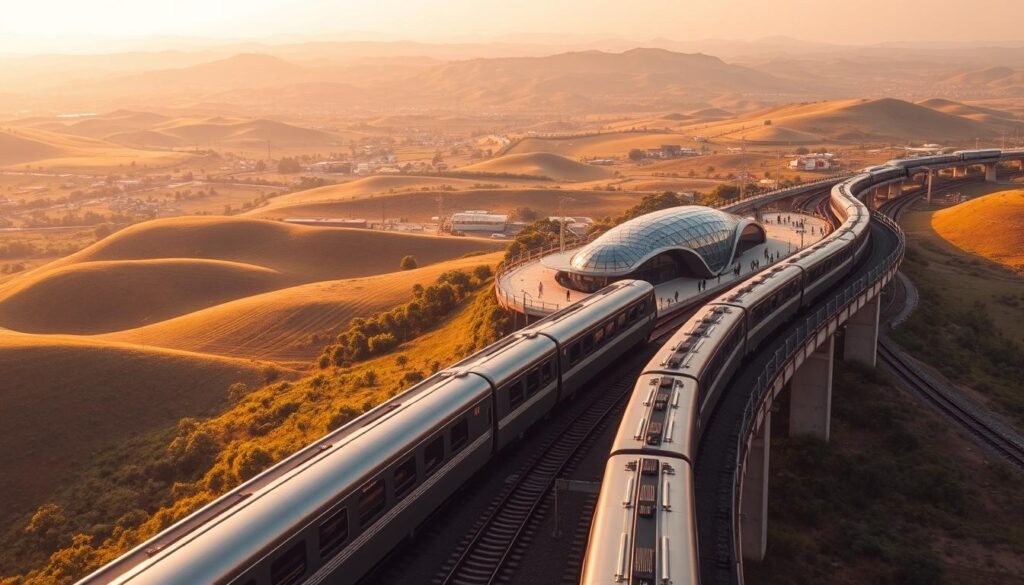 A panoramic view of the Abuja-Kaduna Railway, slicing through the lush, rolling hills of central Nigeria. In the foreground, the sleek, modern train cars glide smoothly along the elevated tracks, their smooth metallic surfaces gleaming in the warm, golden sunlight. In the middle ground, the railway station comes into focus, a striking architectural marvel of glass and steel, bustling with activity as passengers board and disembark. In the distance, the vast, undulating landscape stretches out, dotted with vibrant green vegetation and the occasional cluster of buildings, creating a sense of depth and scale. The scene is bathed in a warm, serene atmosphere, capturing the transformative impact of this critical infrastructure project on the region.