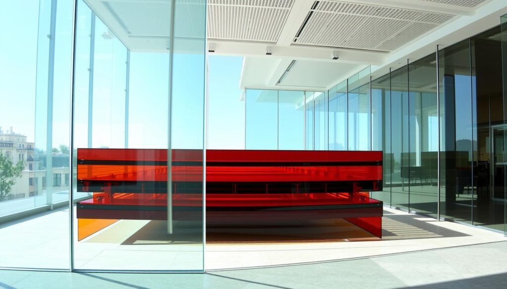 A panoramic view of various smart glass types, each showcasing its unique properties. In the foreground, a pane of electrochromic glass transitions seamlessly from clear to tinted, demonstrating its dynamic light control. In the middle ground, a layered sample of thermochromic glass exhibits its temperature-responsive color-changing abilities. In the background, a large display of photochromic glass reacts to the ambient light, adjusting its transparency to optimize energy efficiency. The scene is captured under natural lighting, emphasizing the interplay of light and the sophisticated engineering behind these intelligent glazing solutions.