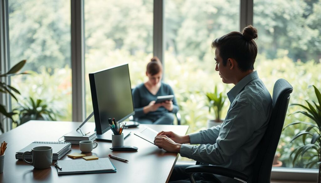 A peaceful office scene with a desk, computer, and various productivity tools. The desk is neatly organized, with a planner, sticky notes, and a cup of coffee. In the middle ground, a person sits focused, using a tablet and taking notes. The background features a large window overlooking a serene, lush garden, with soft, natural lighting filtering in. The overall mood is one of focus, efficiency, and a sense of control over one's time and tasks.