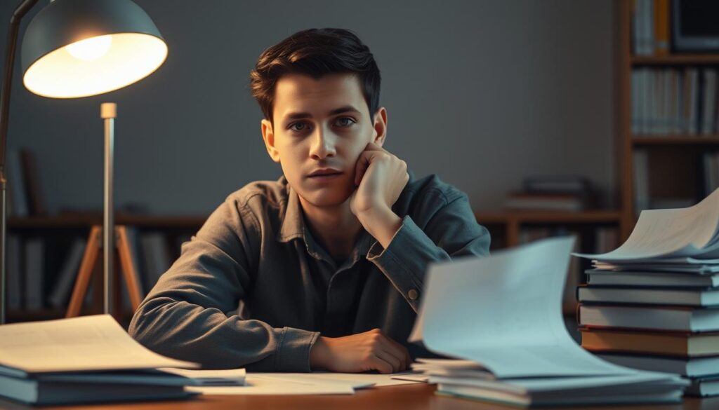 A pensive university student sits at a desk, chin resting on their hand, surrounded by scattered papers and textbooks. Soft, warm lighting emanates from a lamp on the desk, casting a subtle glow on the contemplative expression. The background is muted, with blurred shelves of books hinting at the academic environment. The overall atmosphere conveys a sense of quiet introspection, as the student reflects on the challenges and accomplishments of the recent exam.