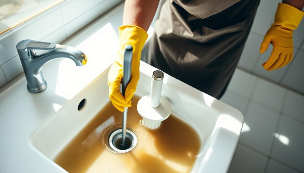 A person in a yellow rubber gloves and apron, using a plunger to unclog a sink drain. The drain is filled with murky water, and the person is leaning over it, focused on the task at hand. Bright natural light streams in from a window, casting shadows on the scene. The background is a clean, tidy bathroom with white tiles and a chrome faucet. The overall mood is one of diligence and problem-solving, with a sense of accomplishment once the drain is cleared.
