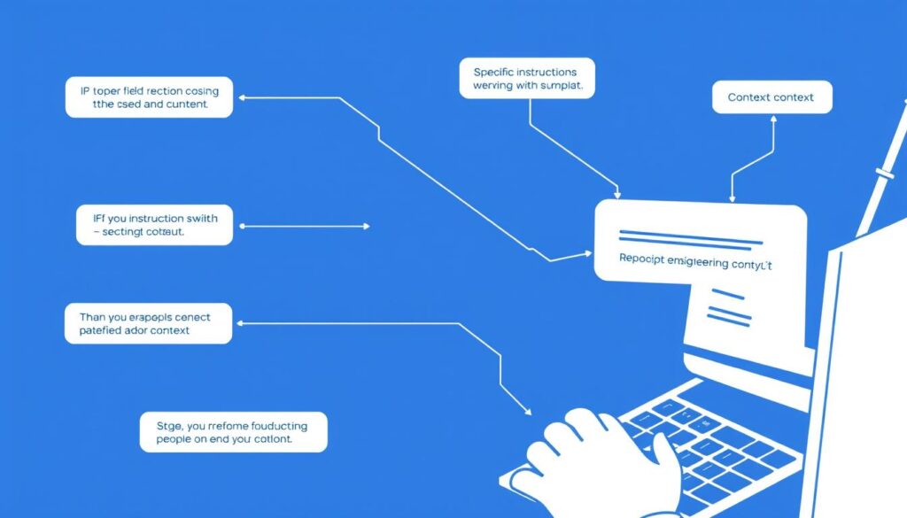 A person typing prompts into an AI interface with visual representations of prompt engineering concepts